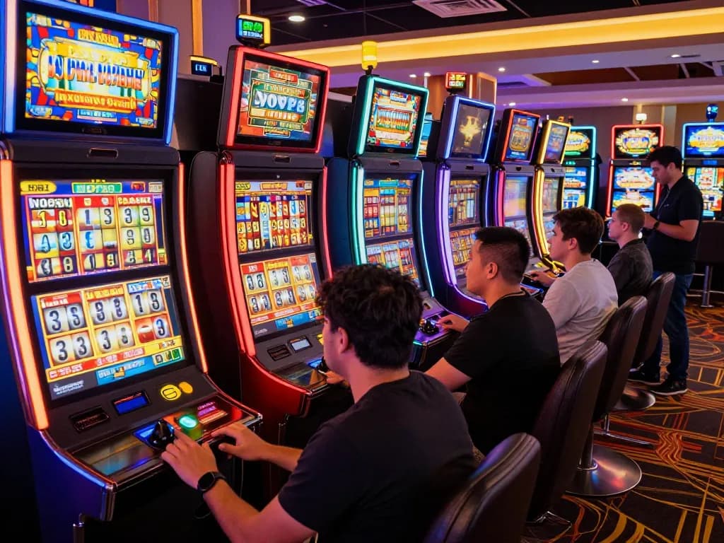 Players enjoying an array of colorful slot machines, engaging in popular slot online games.