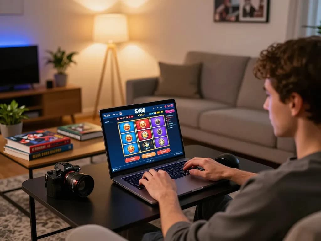 Engaging in online gaming on SV88 platform, showcasing cozy setup with laptop and betting strategy notes