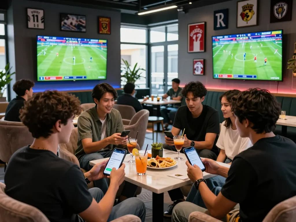 Engaged group enjoying Fabet sports betting experience in modern lounge.