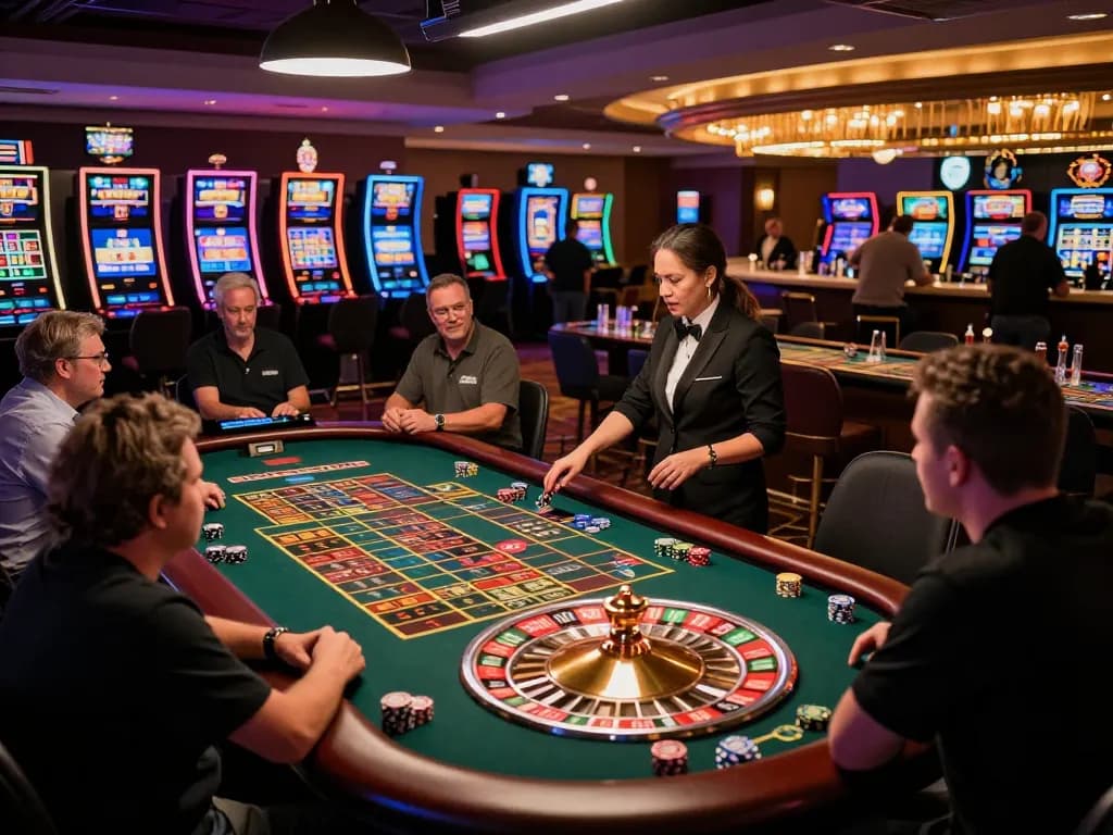 IWIN68 players engaging at a lively roulette table, excitement high as the wheel spins in the vibrant casino.