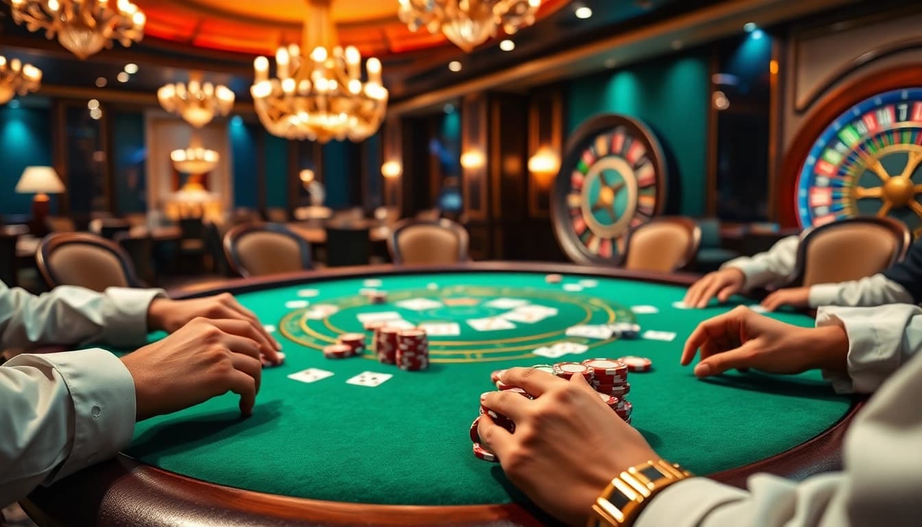 Cucu 777 players strategizing at an elegant poker table, with vibrant chips and cards.