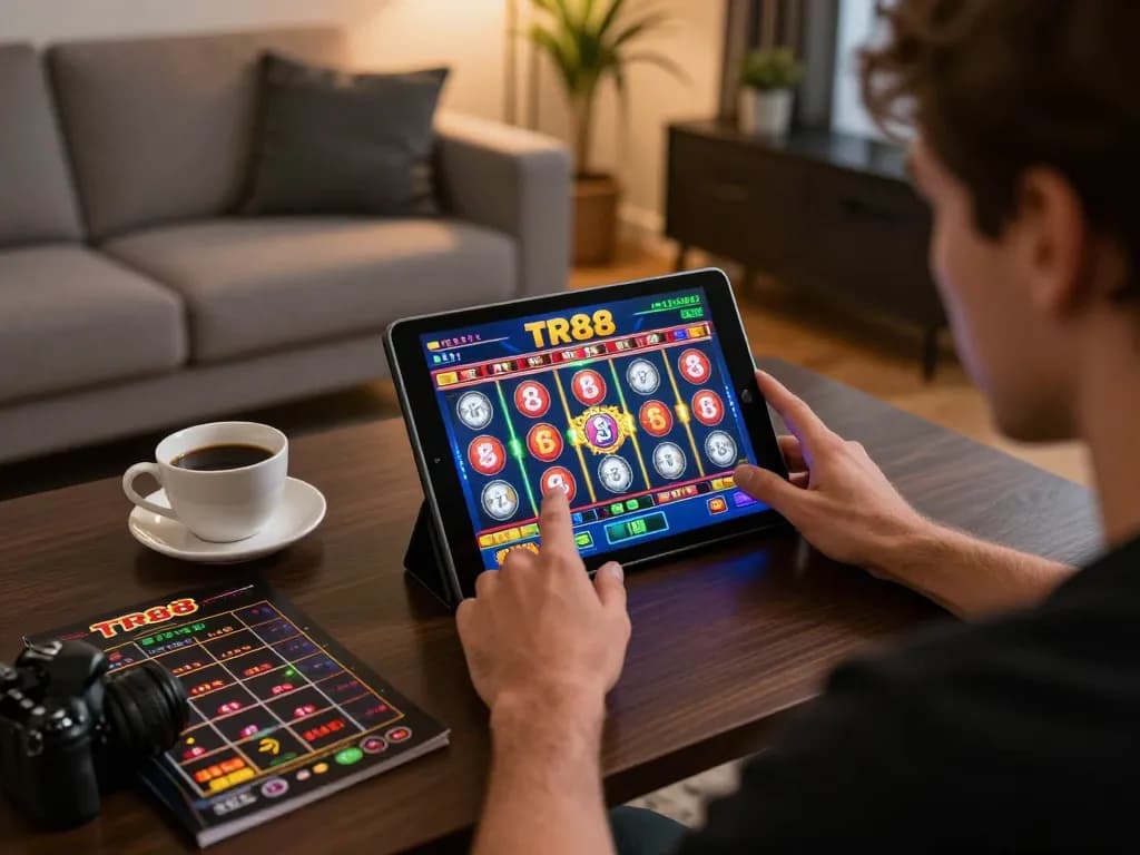 Player exploring TR88 slot game on tablet, enjoying online casino experience at home