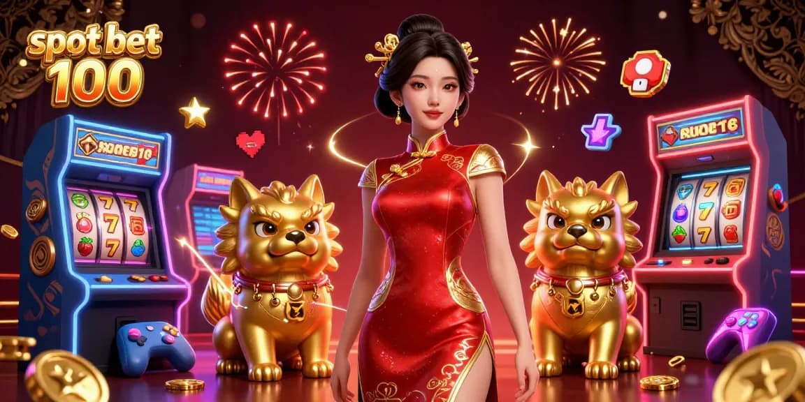 Play exciting slot bet 100 with colorful 3D game machines and enchanting characters in a vibrant casino scene.