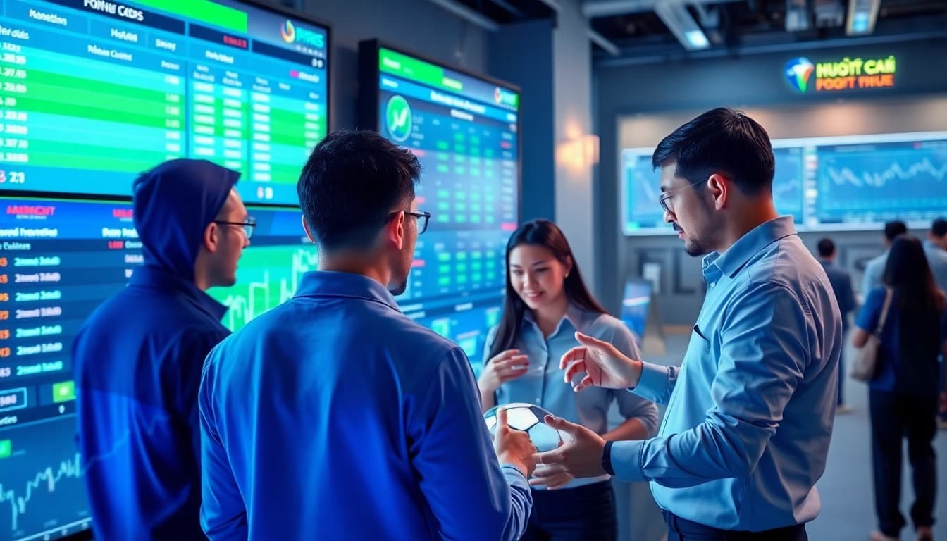 Real-time kèo nhà cái odds displayed on sleek digital interfaces with engaged bettors analyzing football match data.