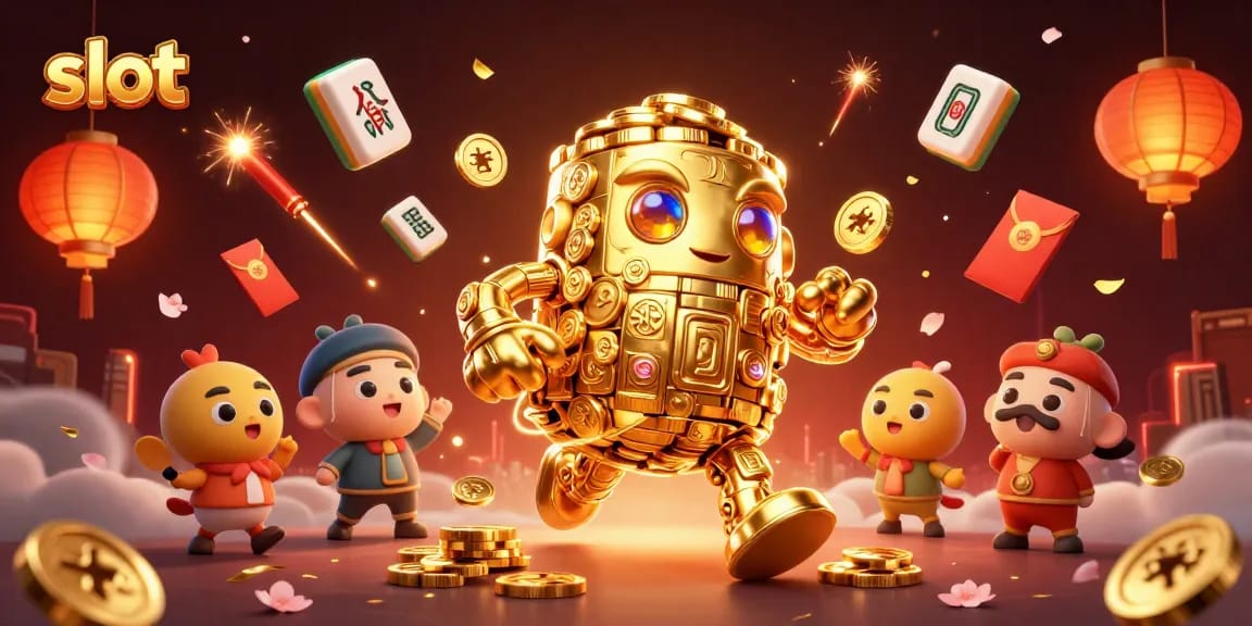 Menangkan slot dengan karakter golem emas dan elemen keberuntungan terbang di sekitar.