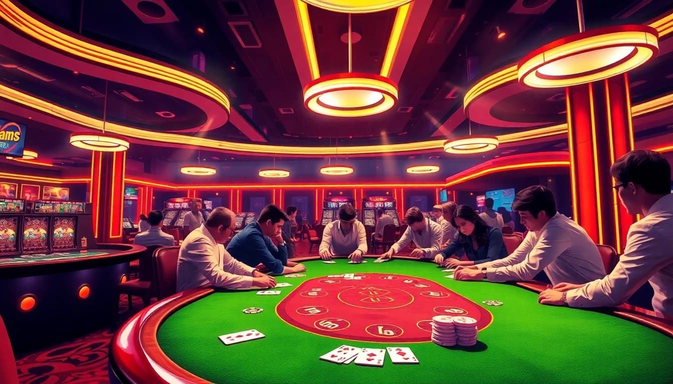 ผู้เล่นคาสิโน 8siam casino ที่โต๊ะโป๊กเกอร์หรูหราในบรรยากาศที่มีชีวิตชีวา