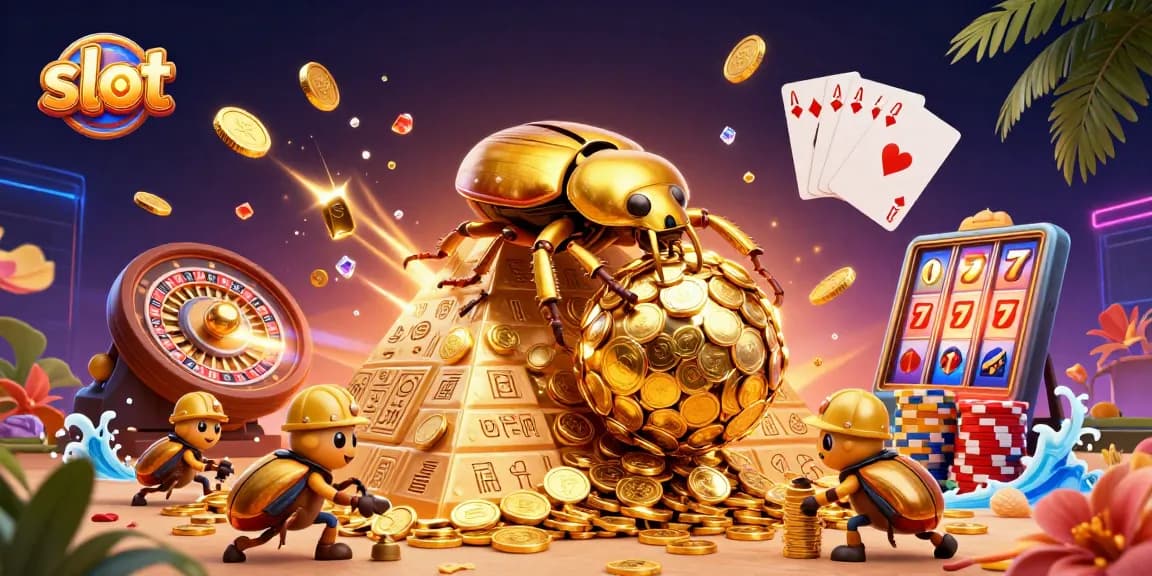 Slot menampilkan kumbang emas menggulung koin di piramida, menciptakan pengalaman bermain yang menarik.