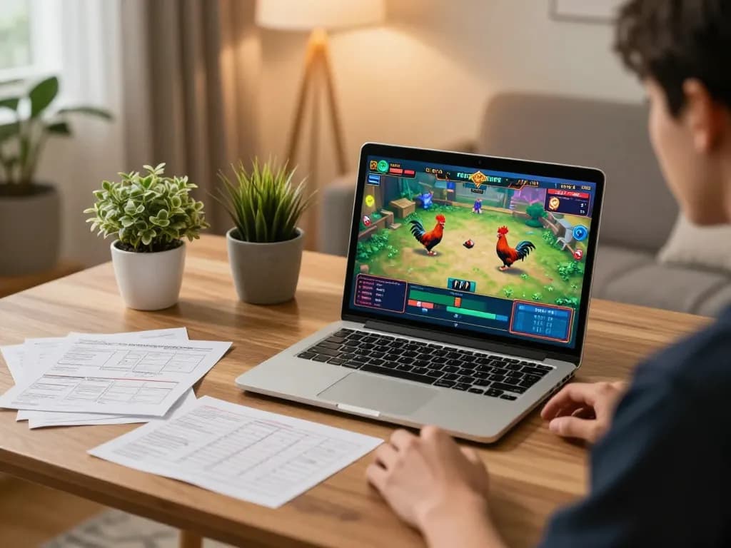 Experience the excitement of đá gà thomo live streaming with a cozy home gaming setup including notes and graphics.