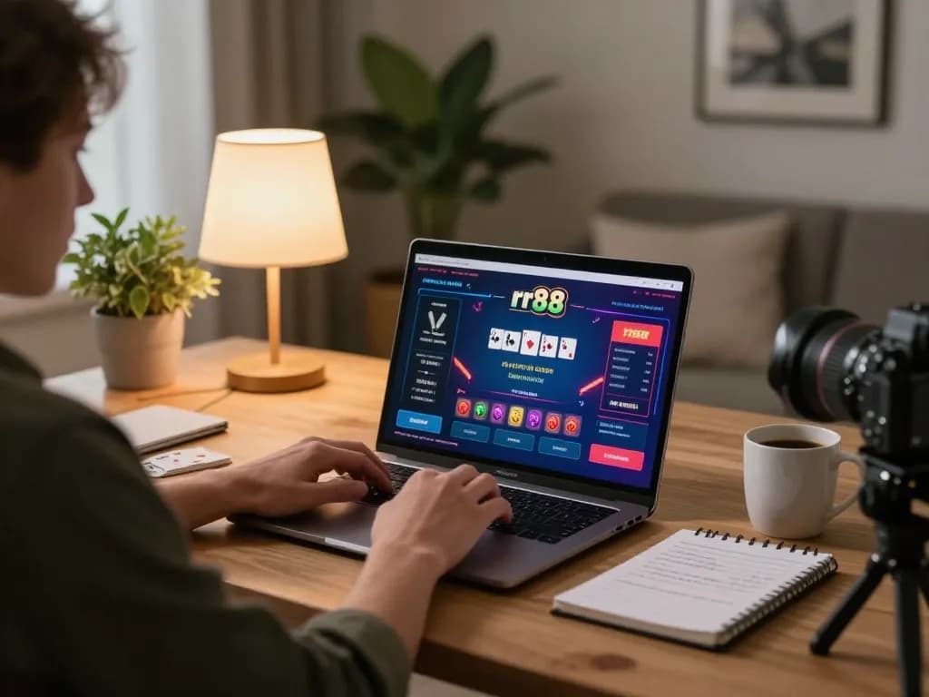 Player engaging with rr88 online casino game on laptop in stylish home setup