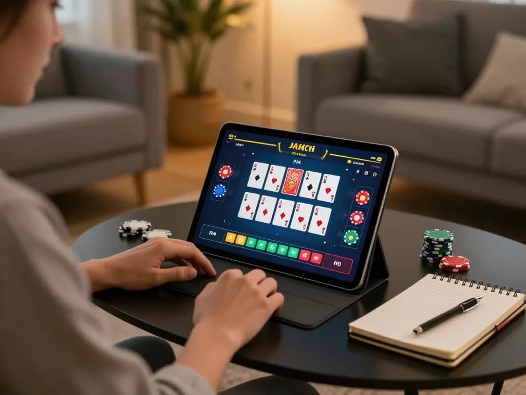 Cucu777 player enjoying online games on tablet in a cozy living room setting.