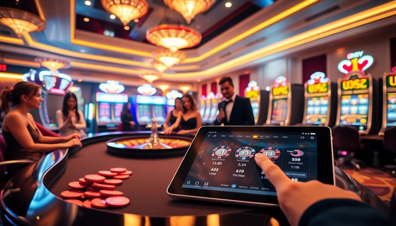 Players joyfully engage in a lively U888 casino scene with roulette and vibrant slot machines.