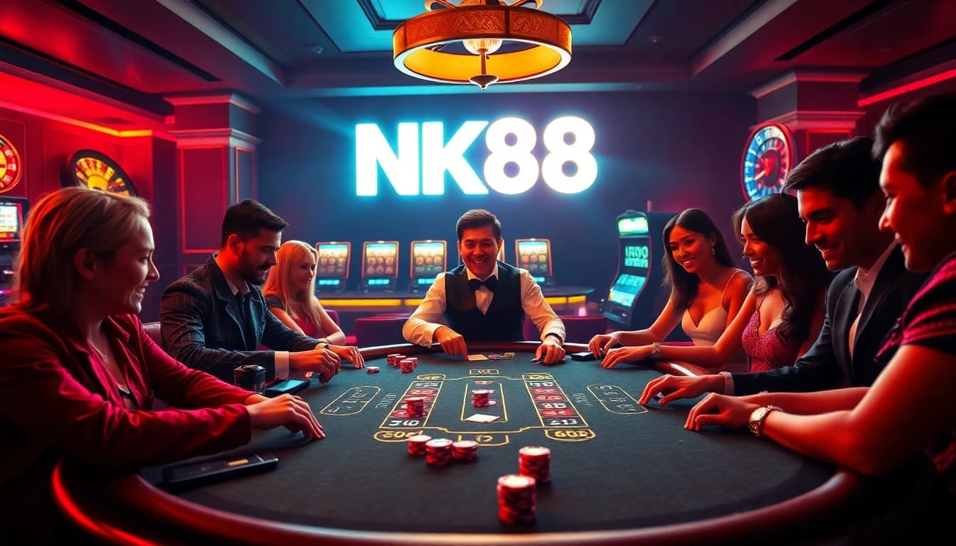 Exciting casino scene with a blackjack table and gambling elements at https://nk88.fyi/ for an immersive gaming experience.