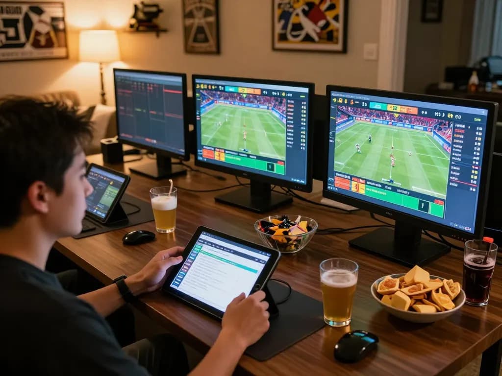 Betting on sports from home while reviewing bk8 odds on multiple screens.