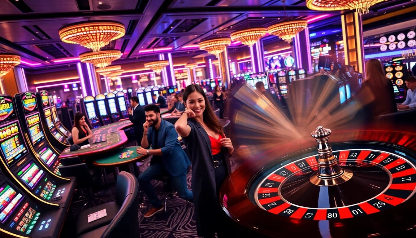 Engaging gamblers enjoy casino games at https://rr88k1.com/ in a vibrant, luxurious setting.
