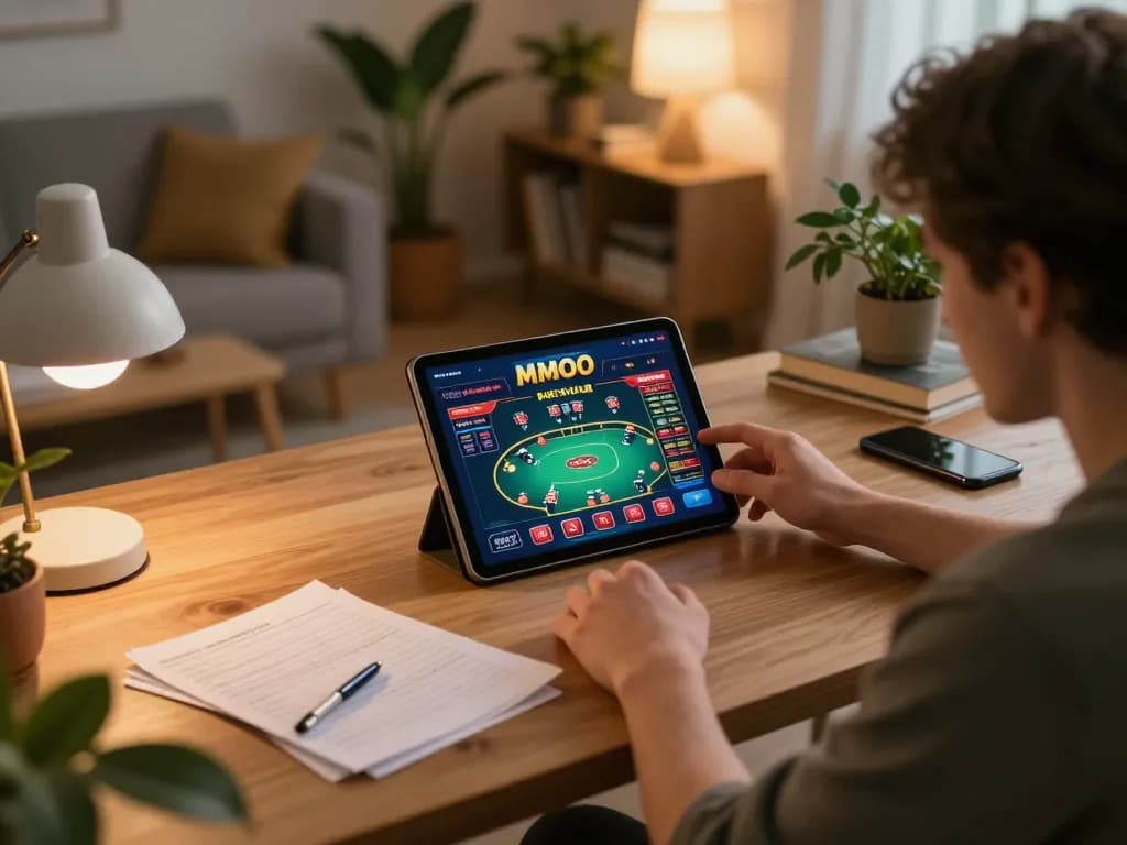 Experience online gaming at MMOO with a person engaged on tablet in a cozy home setting