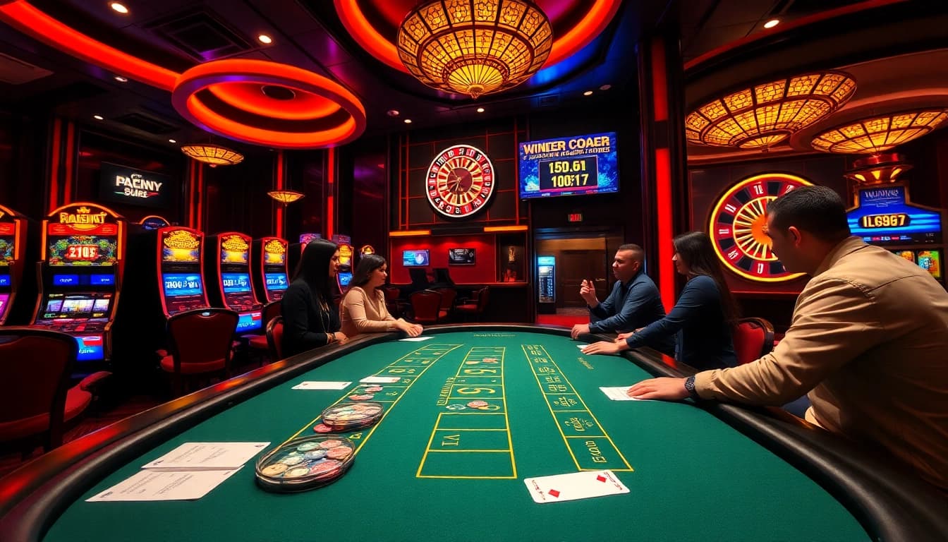 Experience the thrill of the LC88 casino with vibrant slot machines and an action-packed blackjack table.