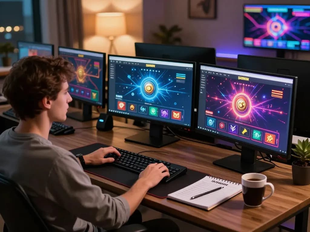 SUNWIN user engaged in online gambling with multiple screens and strategic tools.