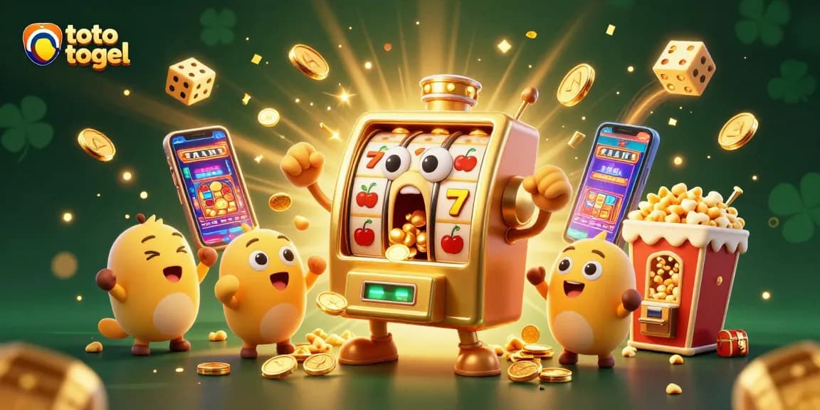 Engage with toto togel as a golden slot machine excitedly hits a jackpot, surrounded by cheerful baby slots.