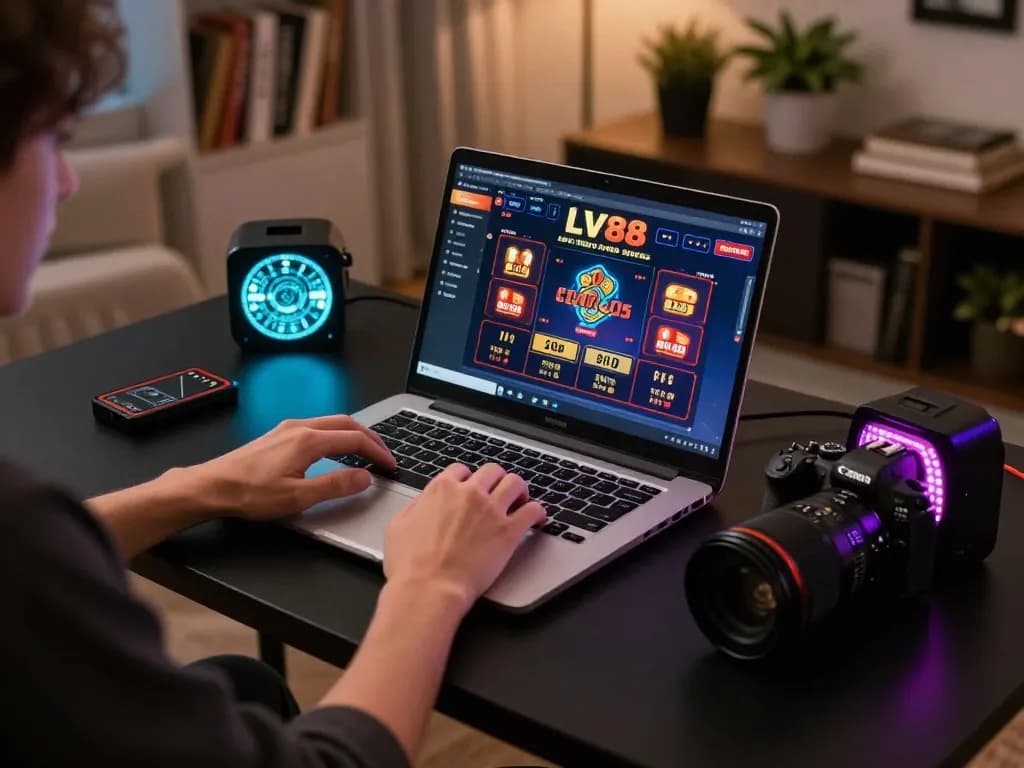 Engaging in online gambling at LV88, showcasing a laptop with casino games and cozy home setup.
