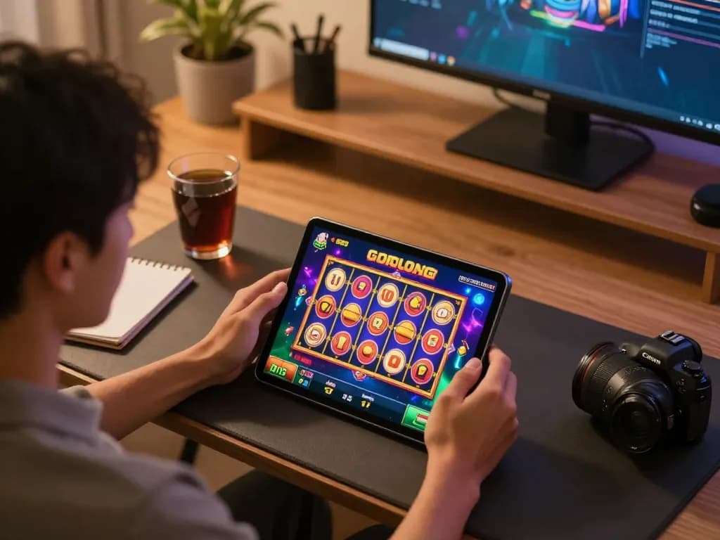 Engaging in exciting slot online gacor gameplay on a tablet at home, showcasing modern gaming setup.