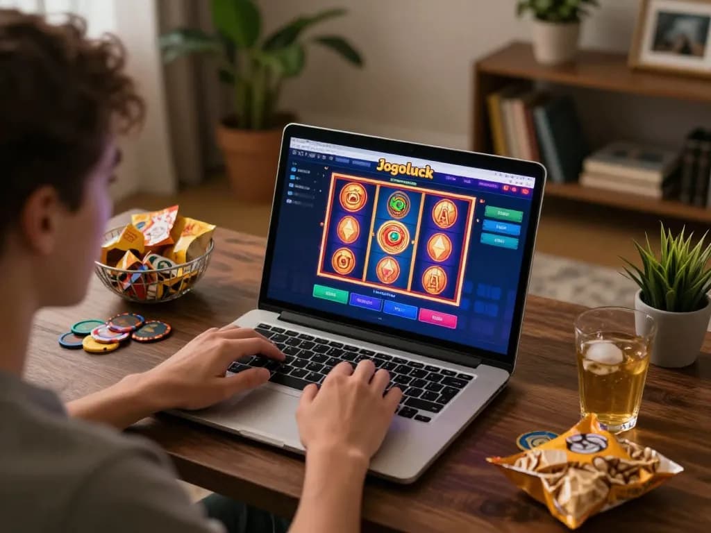 Engaging online player enjoying Jogoluck casino games in a cozy home setting.