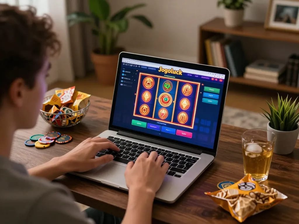 Engaging online player enjoying Jogoluck casino games in a cozy home setting.