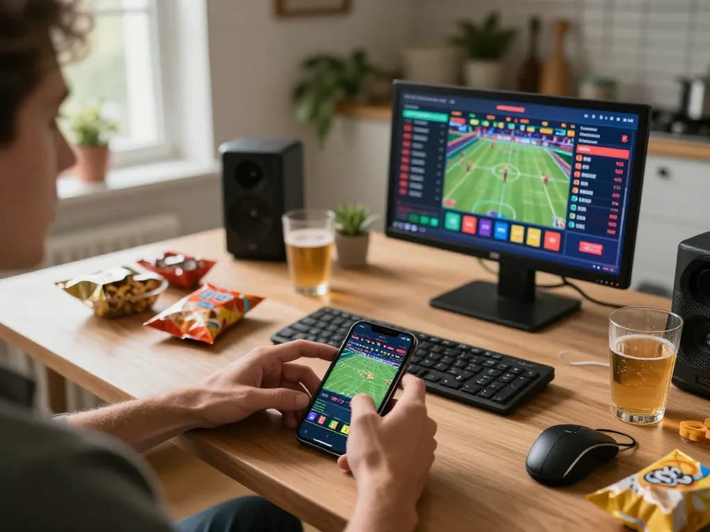 Experience thrilling sports betting on bl555 with a smartphone, snacks nearby, and real-time odds.