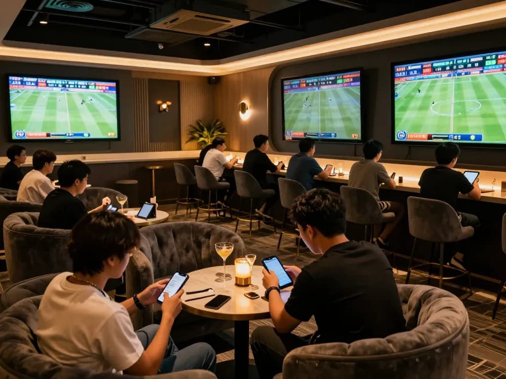 Engaging scene of patrons experiencing kkwin win sports betting in a modern lounge setting.