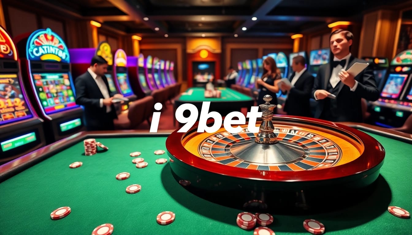 Engage with i9bet's thrilling online casino atmosphere featuring colorful slots and poker cards.