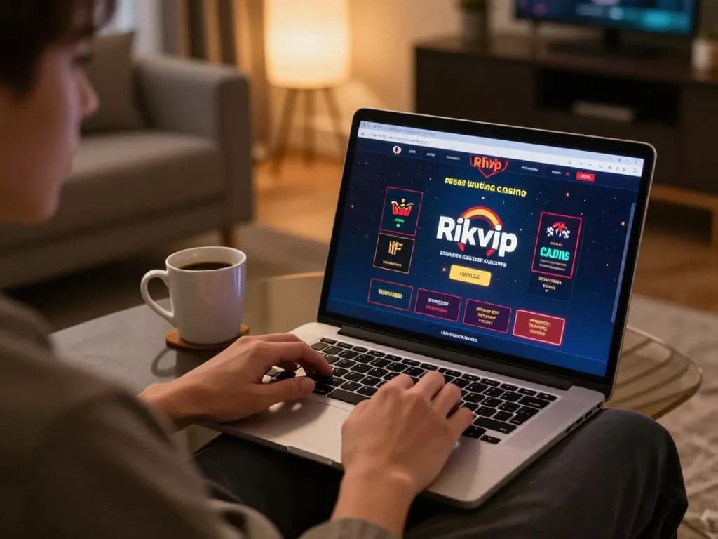 Engaging in online casino gameplay on Rikvip platform from a cozy home setup, highlighting strategic gaming.