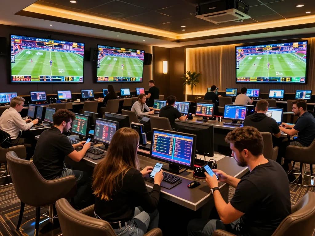 Enthusiastic bettors at nhà cái 8xbet analyzing odds in a luxurious sports lounge.