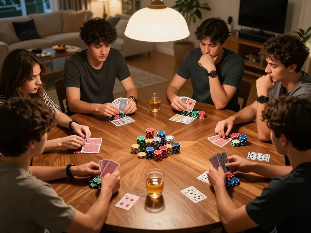 Pemain poker mendiskusikan strategi selama malam permainan rumah yang nyaman menampilkan https://blackmomsblog.com/about/ dengan chip dan kartu berwarna-warni.
