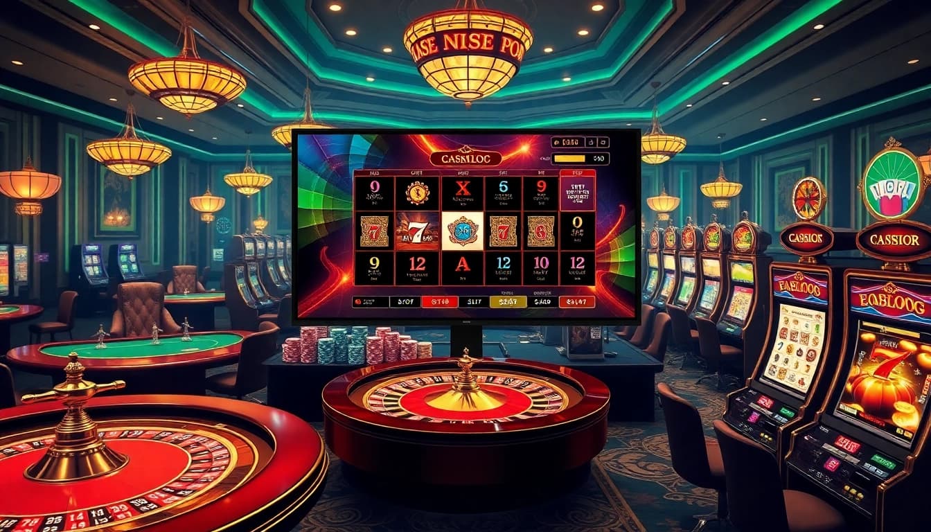 Sebuah adegan perjudian online yang dinamis menampilkan aman788 slot gacor, memamerkan elemen kasino yang hidup seperti mesin slot dan chip poker.