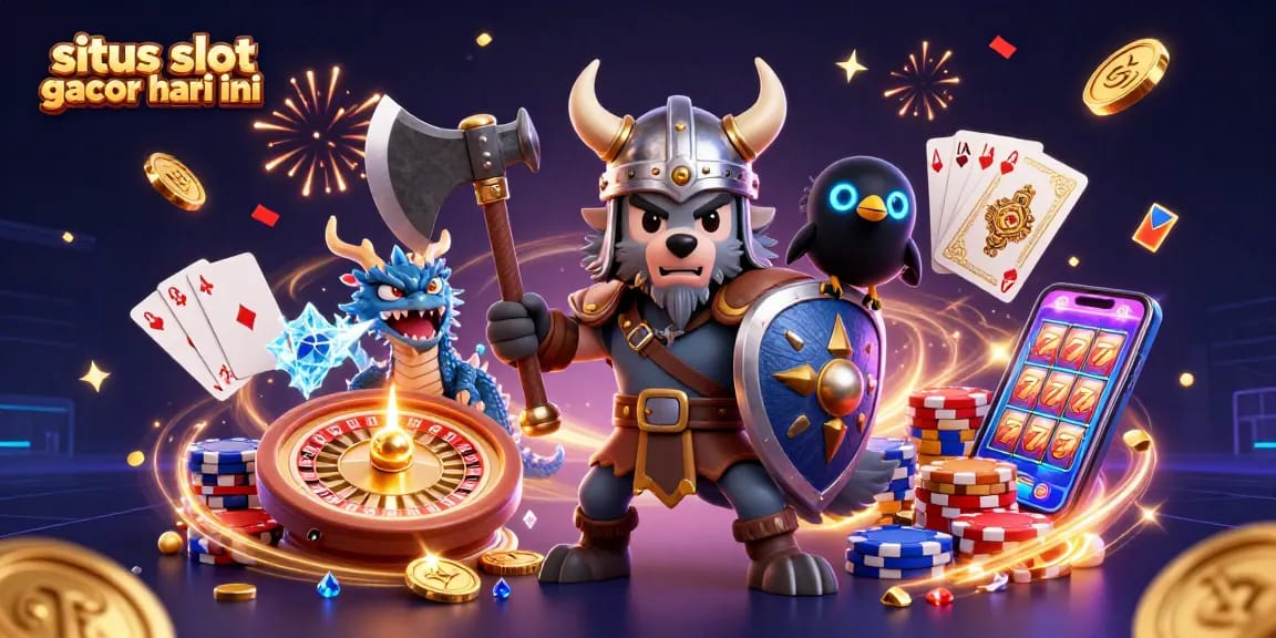 Experience excitement on situs slot gacor hari ini with vibrant casino characters amidst cascading coins and gems.
