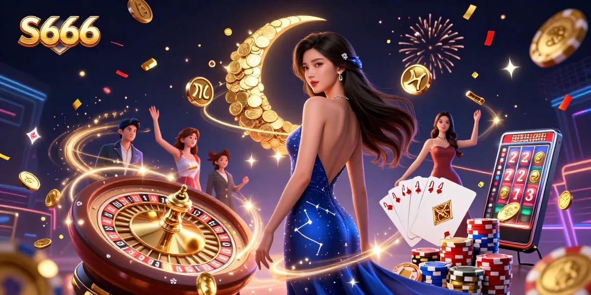 S666 showcases an elegant Asian woman in a deep blue gown surrounded by casino elements, emphasizing winning opportunities.