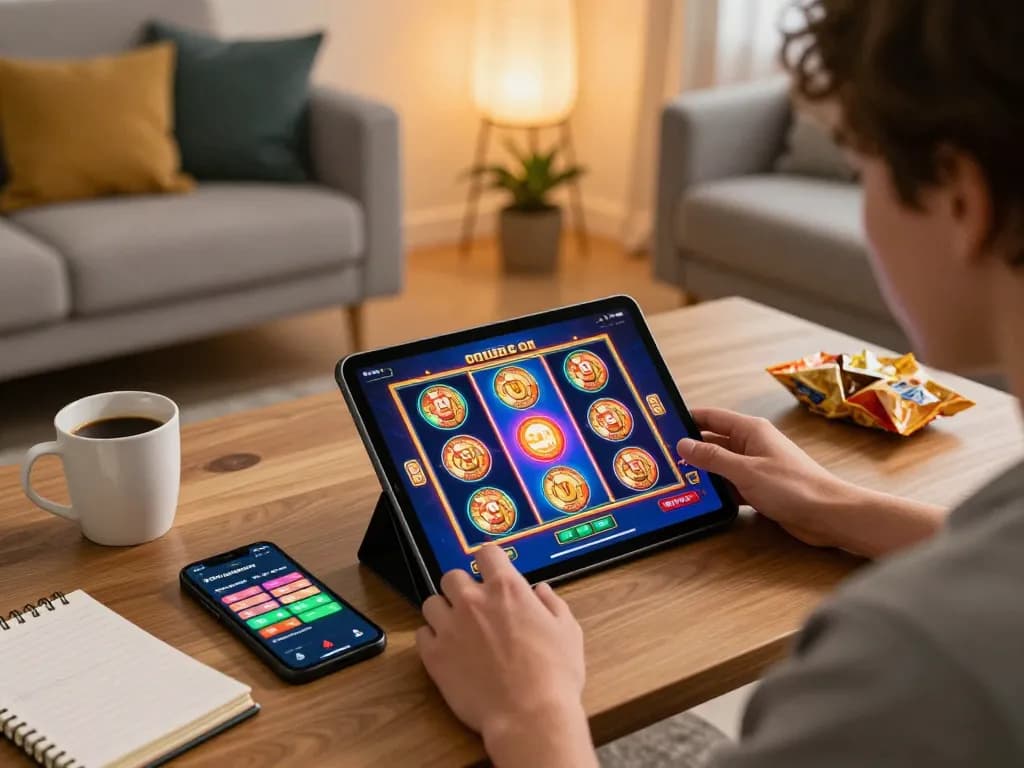 Engaging in slot 5k gameplay on tablet in a cozy home setup with snacks and strategies.