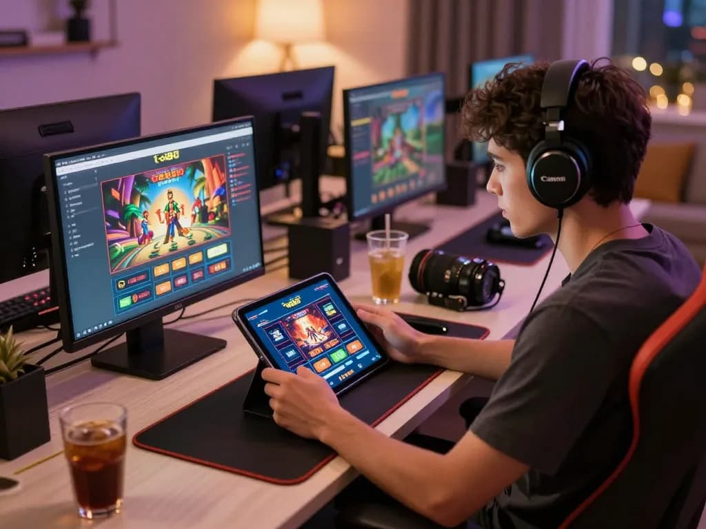 Engaging with ta88 mobile casino app on a tablet in a cozy gaming setup, inviting atmosphere for online gambling.