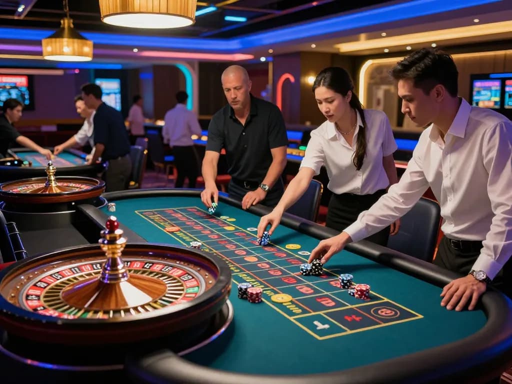 Pemain terlibat dalam permainan roulette yang mendebarkan di BJO88, menampilkan suasana yang cerah dan kegembiraan.