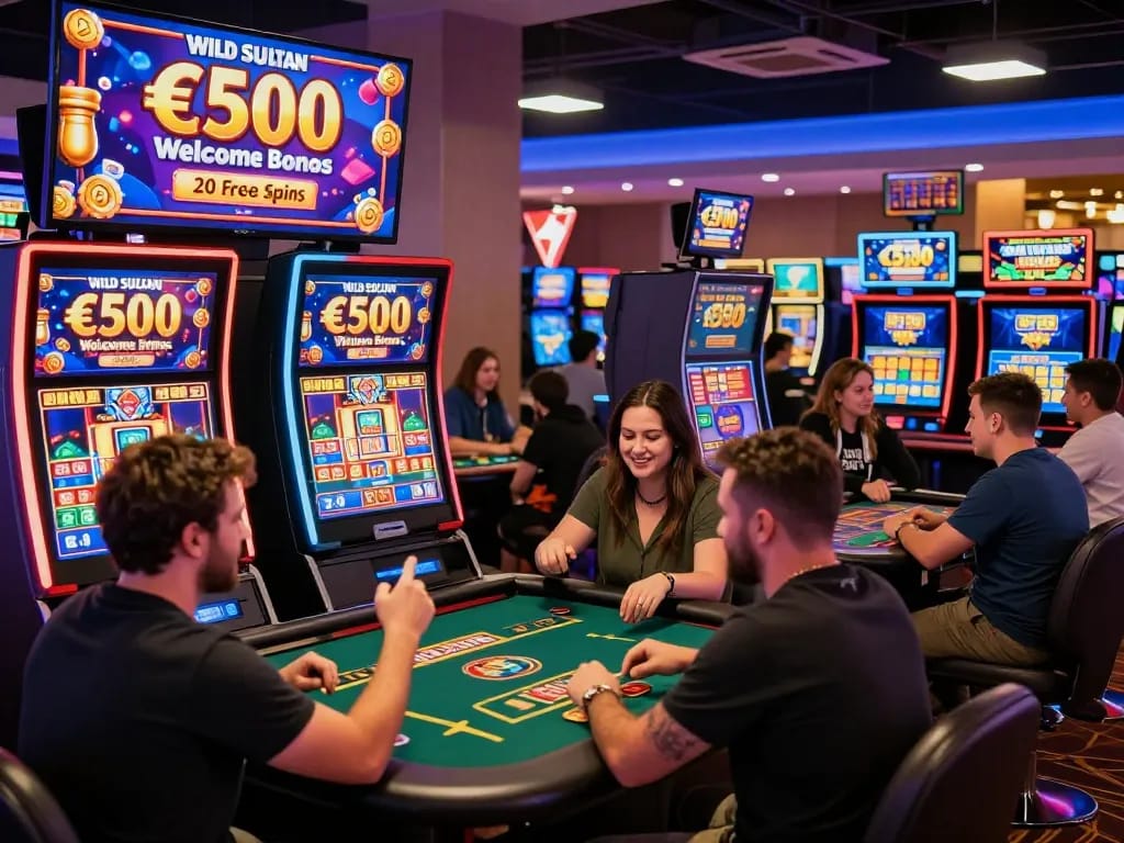 Casino en ligne Wild Sultan gaming experience with vibrant atmosphere and players enjoying bonuses and live dealer games.