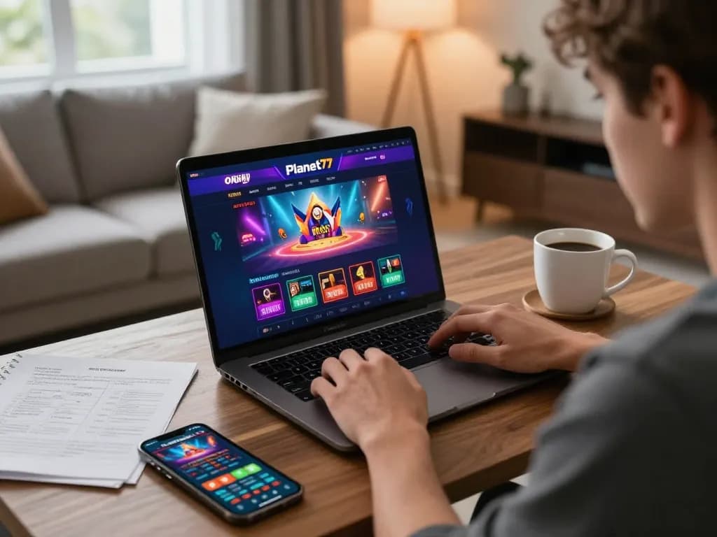 Pemain berinteraksi dengan kasino online Planet77 di laptop di tengah pengaturan rumah yang nyaman, menampilkan permainan interaktif.
