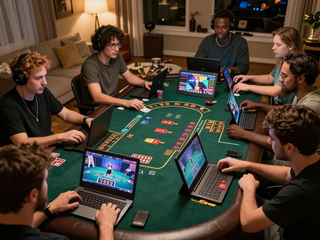 Engaging online blackjack session showcasing link lc88 players immersed in strategic gameplay at home.