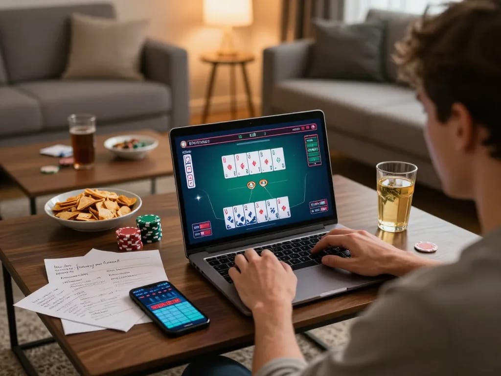 Engaging online poker session at home, showcasing taixiusunwin.art interface with strategic betting.