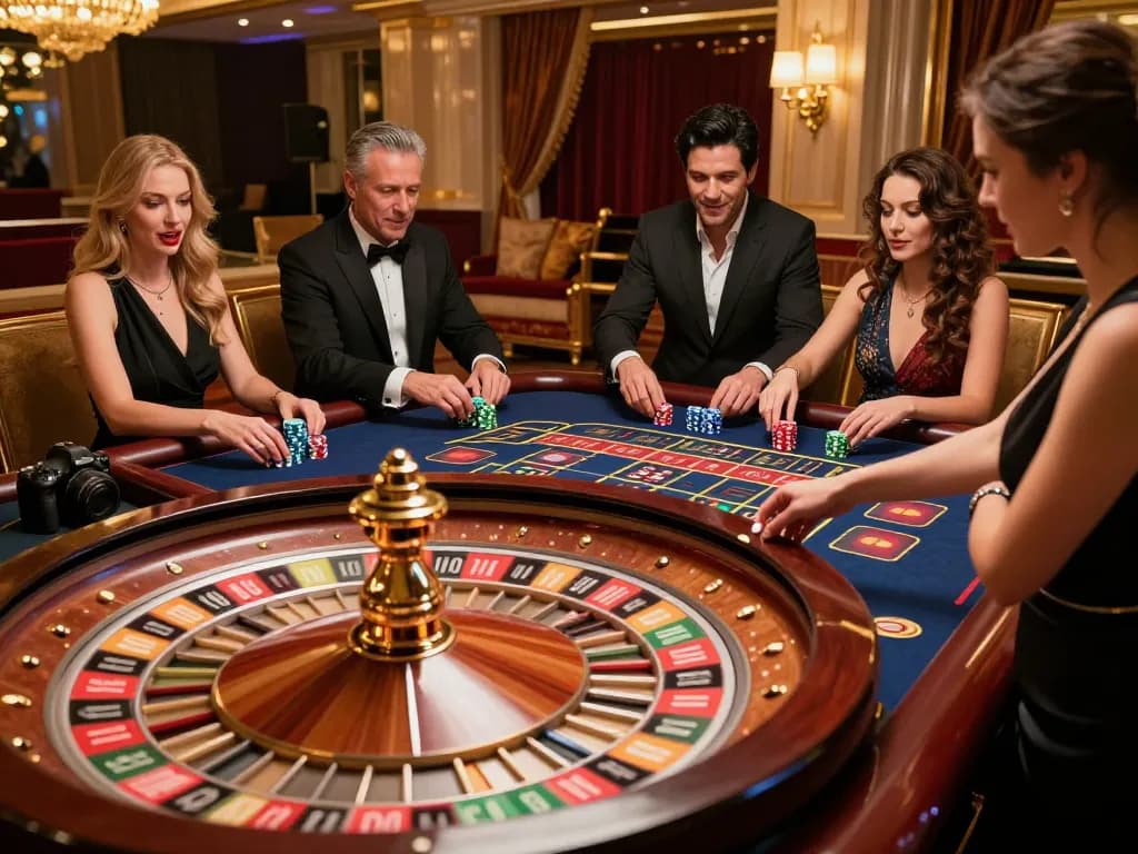 Players placing bets at a roulette table in a luxurious casino, sunwin gaming experience.