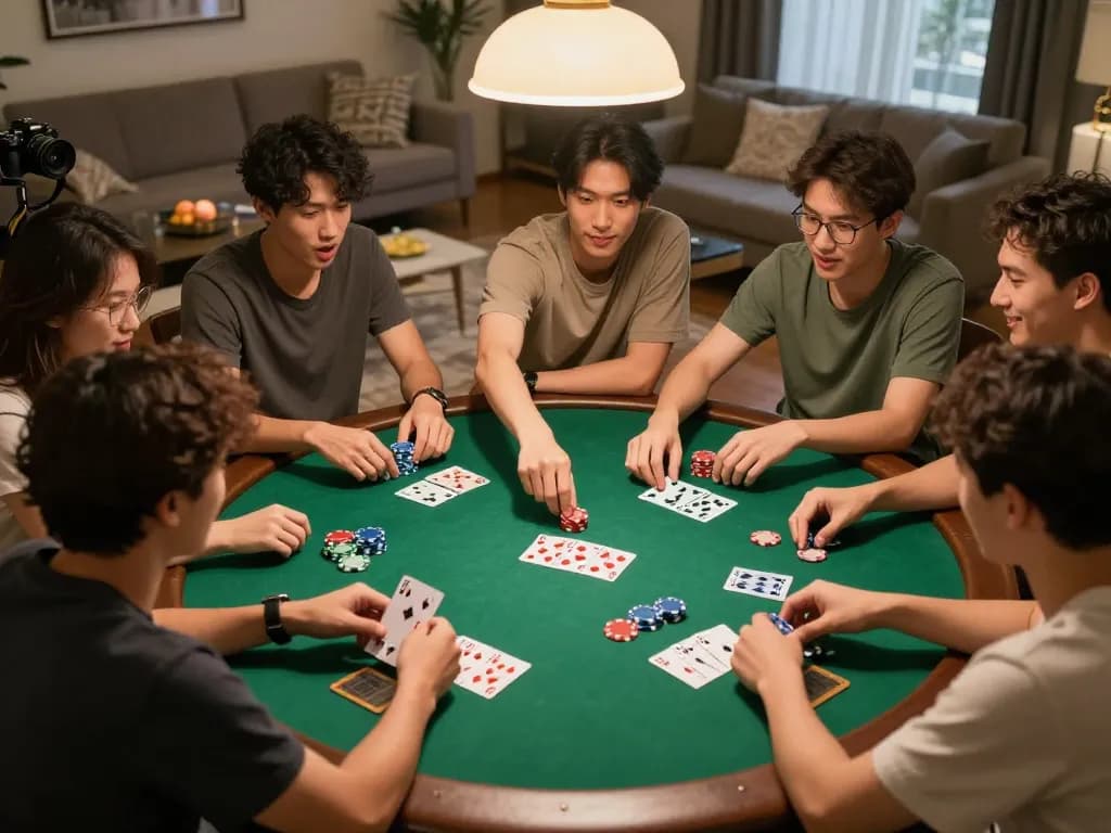 Friends playing poker at home, displaying F168 strategy and excitement during game night.