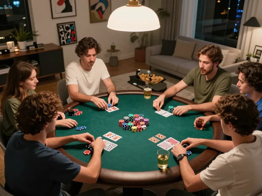 Players engaged in a vibrant home poker night with dinamit4d themed chips and cards visible.