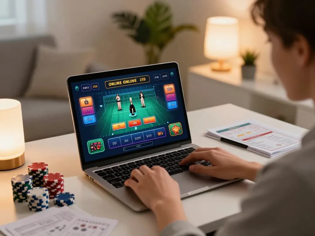 Using upintogel login for online blackjack gameplay, chips and betting notes visible in modern home office.