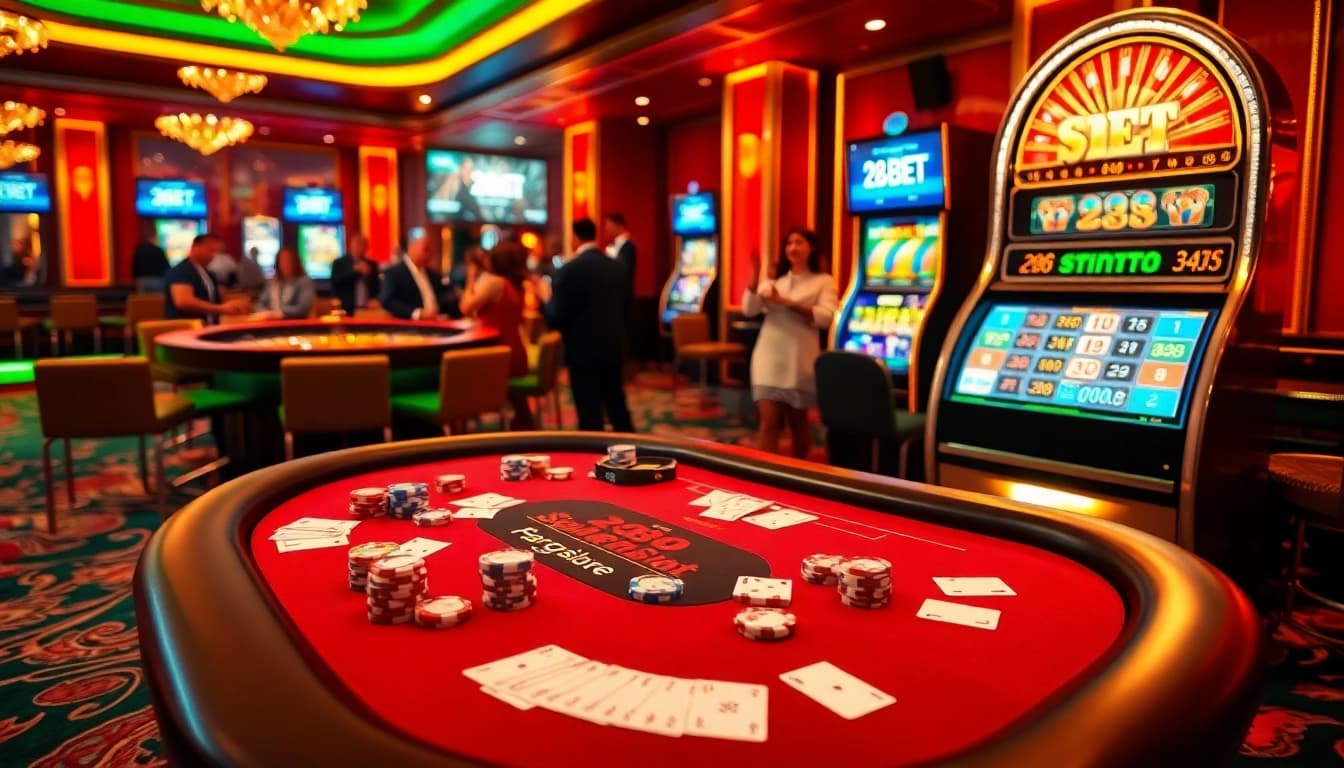 Players enjoying a thrilling game at 28BET casino with vibrant slot machines and a glamorous atmosphere.