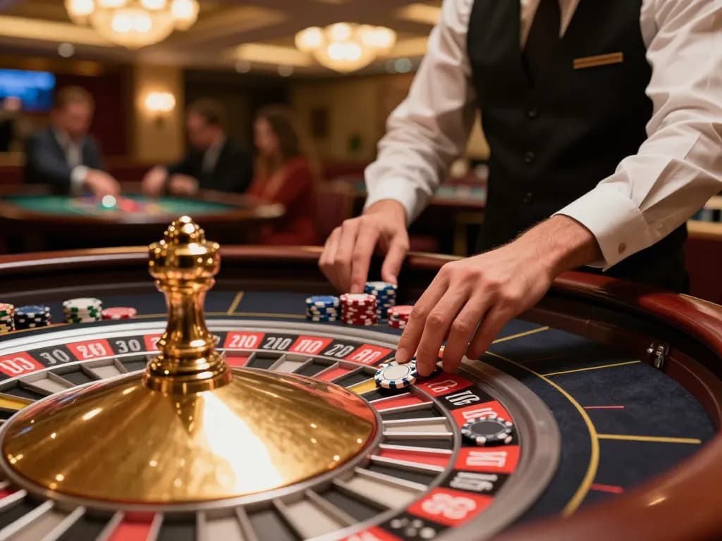 Hello88 player placing chips on a vibrant roulette table in an elegant casino environment.
