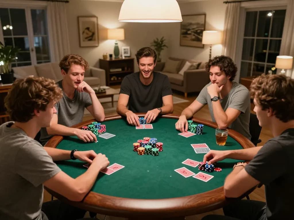 Players enjoying an exciting poker game night at home, showcasing HM88 and colorful chips