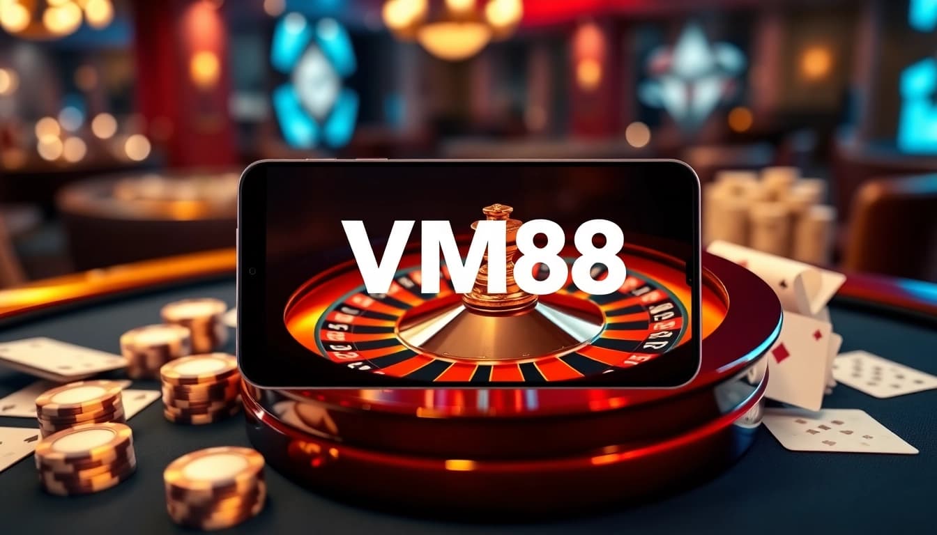 VM88 platform displaying a dynamic roulette spin with professional betting chips and cards